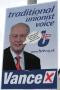 A campaign poster in Belfast for David Vance, of the Traditional Unionist Voice party, with anti Trident sticker. Vance is the one man who would be very supportive of Trident being what could only be described as a political dinosaur wishing for Northern Ireland to return to 1974. 